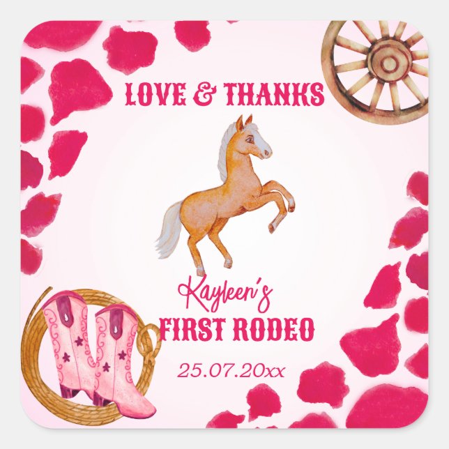 Rodeo cowgirl birthday pink cow pattern pony  square sticker (Front)