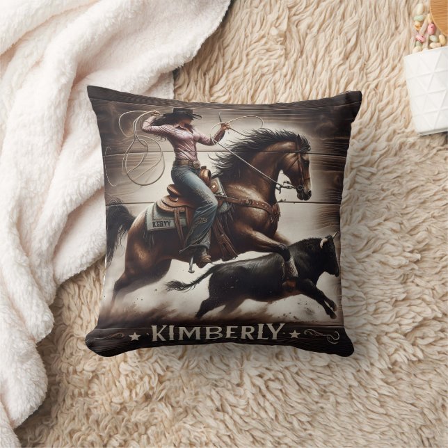 Rodeo Cowgirl Roping a Bull at Sunset Throw Pillow (Blanket)