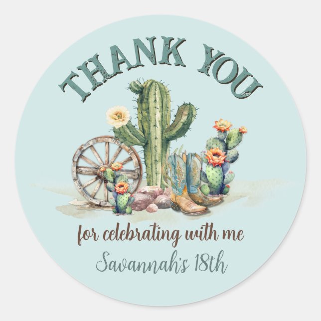 Rodeo Cowgirl Up Floral Cactus Thank You Classic Round Sticker (Front)