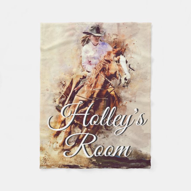 Rodeo Girl On Horse Painting Art Personalized Fleece Blanket (Front)