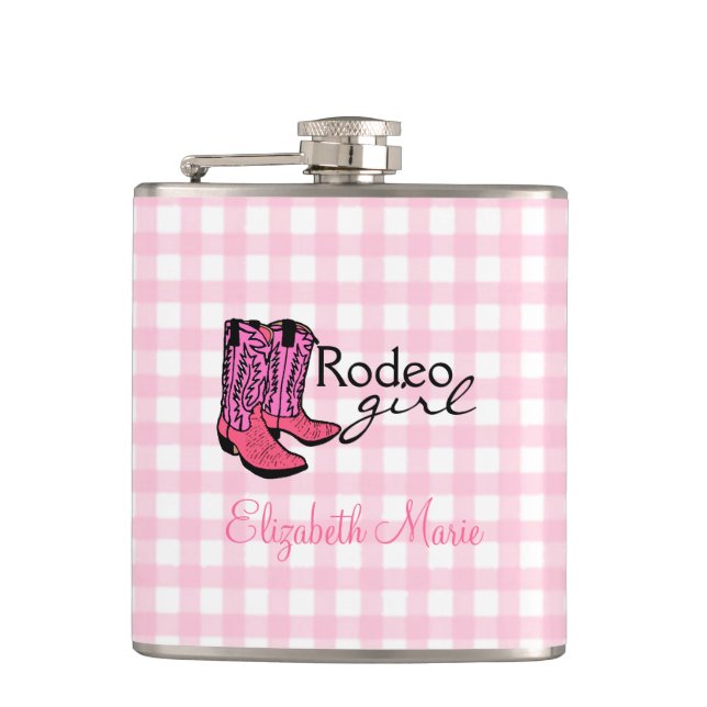 Rodeo Girl- Pink Plaid Gingham Hip Flask (Front)