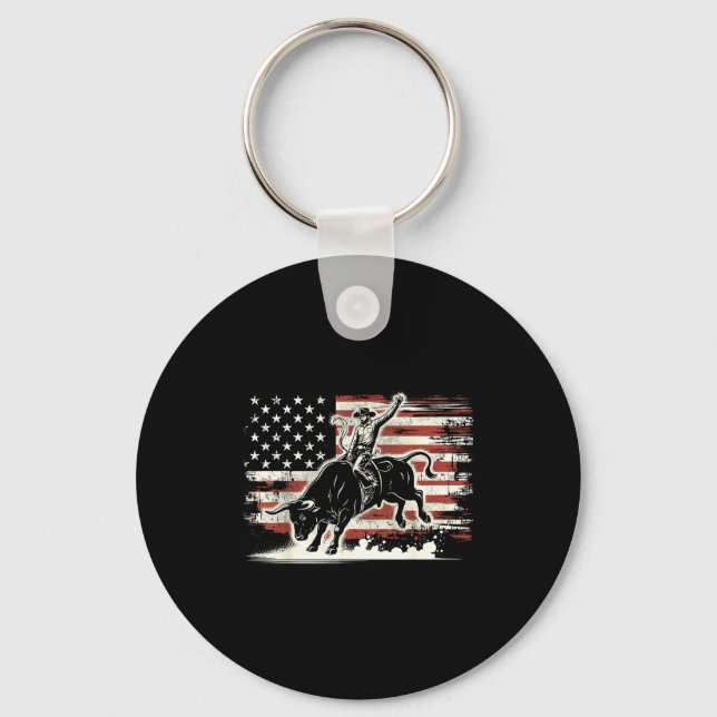 Rodeo Rider Bull Patriotic Cowboy Usa Flag  Keychain (Front)