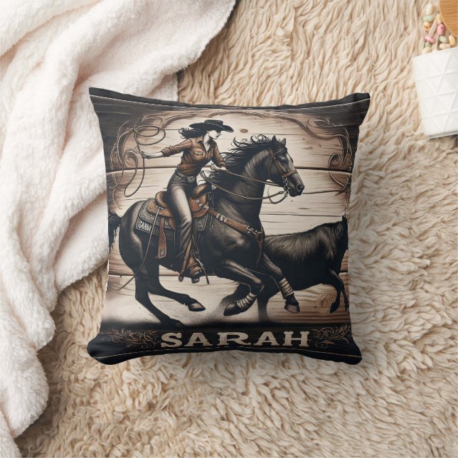 Rodeo Rider Chasing Cattle On Horseback Throw Pillow (Blanket)