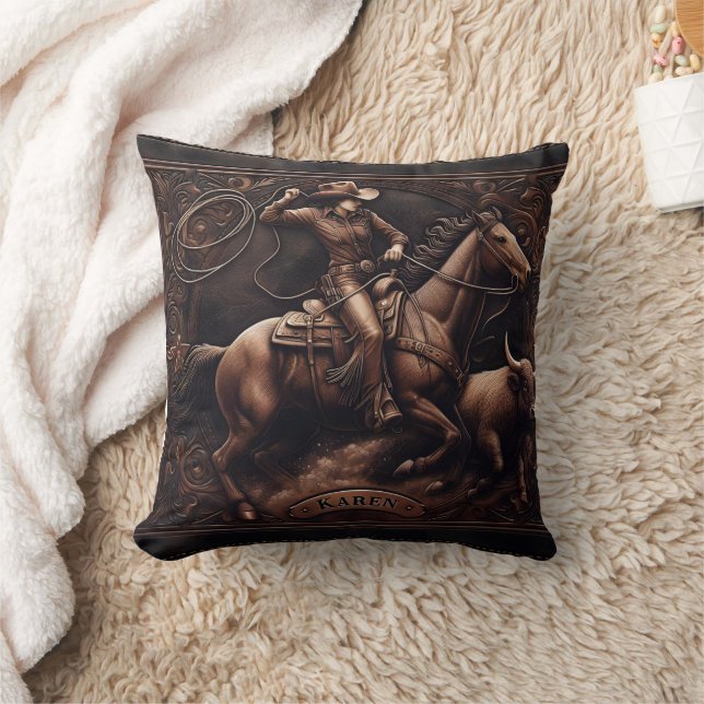 Rodeo Rider Competing With Cattle in Rustic Arena Throw Pillow (Blanket)