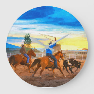 Rodeo Team Roping Sunset Corral Rustic Western Large Clock