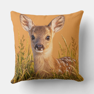 Roe Deer Fawn in Meadow Grass Throw Pillow