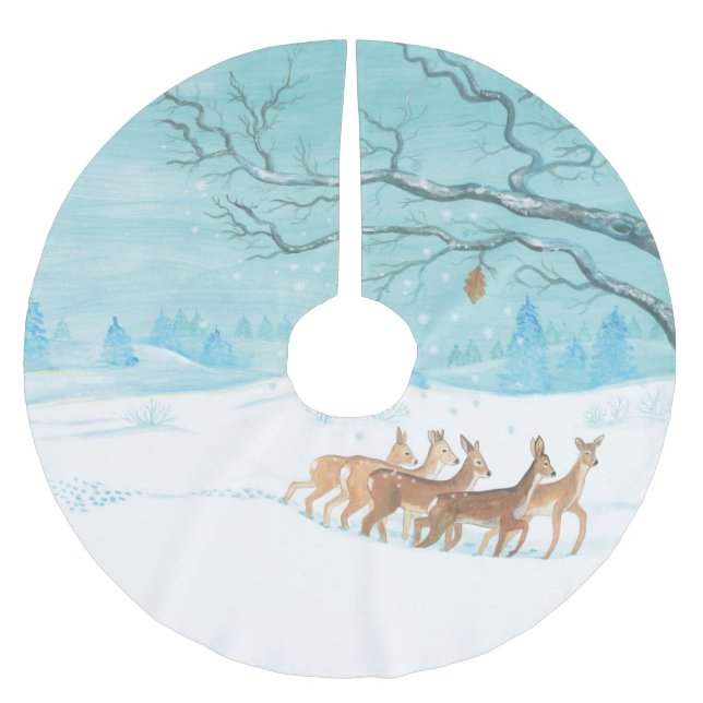 Roe Deer in the Winter Woodland Covered of Snow  Brushed Polyester Tree Skirt (Front)