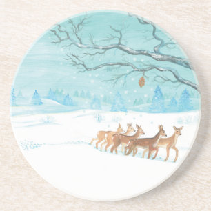 Roe Deer in the Winter Woodland Covered of Snow   Coaster