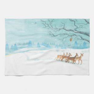 Roe Deer in the Winter Woodland Covered of Snow  Kitchen Towel