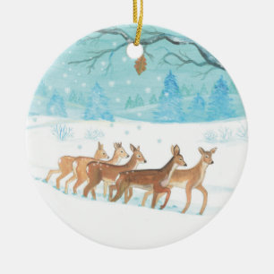Roe Deer & Winter Woodland Covered of Fresh Snow Ceramic Ornament