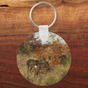 Roe Deer with Autumn Leaves Vintage Wildlife Keychain