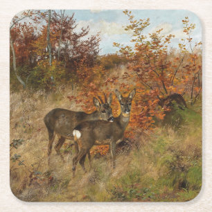 Roe Deer with Autumn Leaves Vintage Wildlife Square Paper Coaster