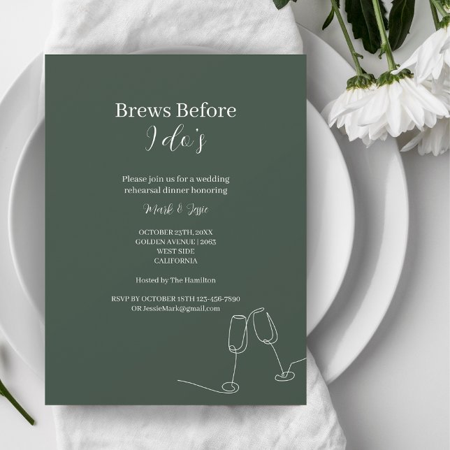 ROE Dusky Green & White Brews Before I Do Dinner Invitation (Creator Uploaded)