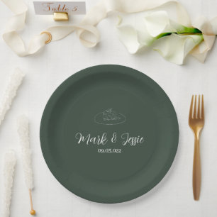 ROE Dusky Green & White Simple Wedding Paper Plate