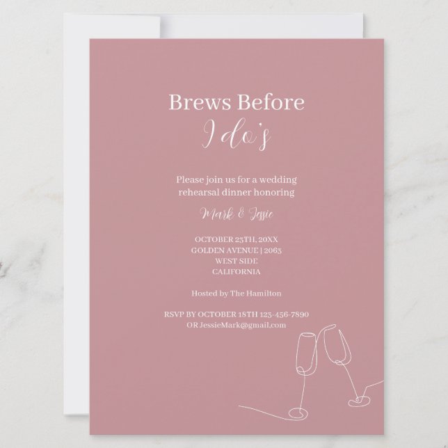 ROE Pink & White Brews Before I Do Dinner Invitation (Front)