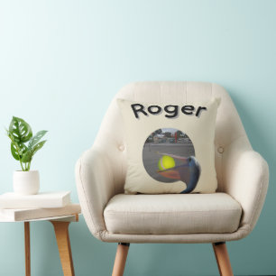 Roger Name With Ball Catching Pelican, Throw Pillow