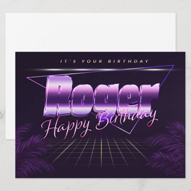 Roger prénom carte rétro lilas pour un anniversair (Devant / Derrière)