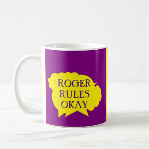 Roger rules okay motif on purple yellow splash coffee mug
