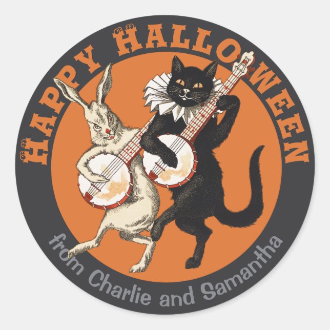 Roguish black cat and rabbit CC1051 Halloween Classic Round Sticker (Front)