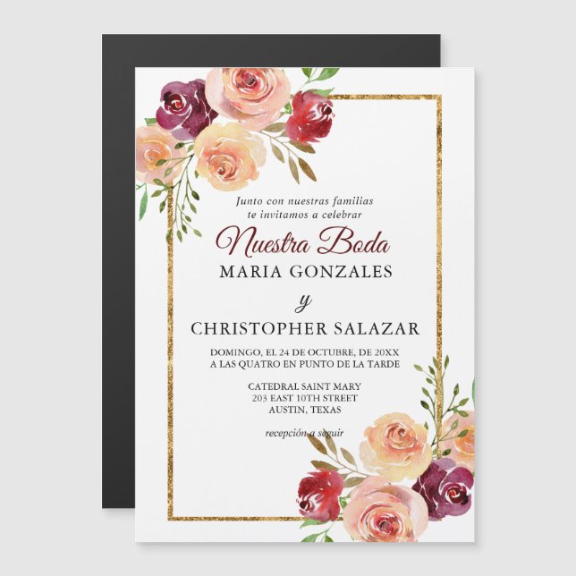 Roja Oro Flores Boda Elegante Spanish Wedding Magnetic Invitation (Front/Back)