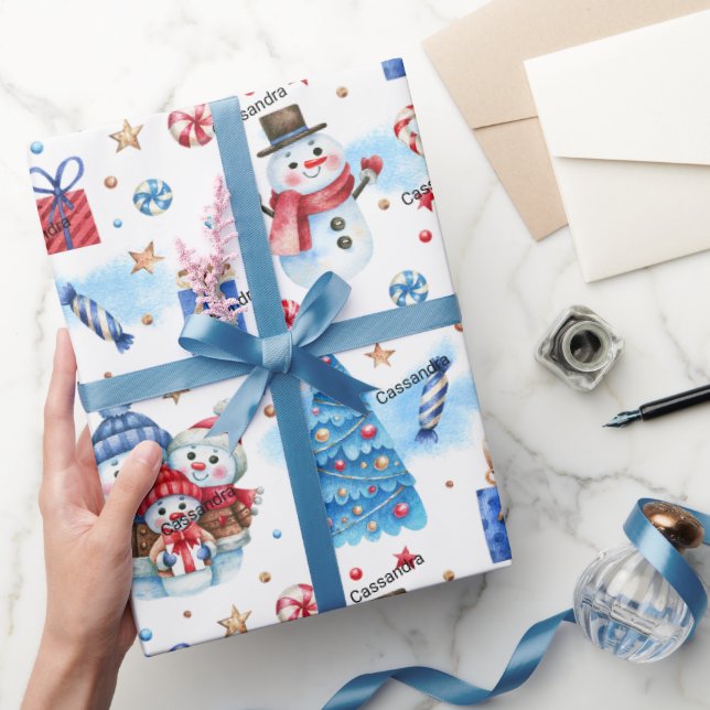Roll, Name Holiday Snowmen Family Red-Blue Pattern Wrapping Paper (Gifting)