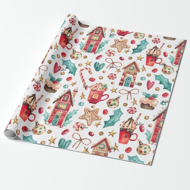 Roll, Name on Magical Candy Houses, Sweets Pattern Wrapping Paper (Unrolled)
