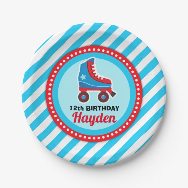 Roll on over! Roller Skate Sport Birthday Paper Plate (Front)