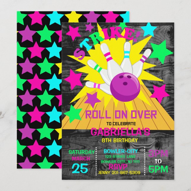 Roll On Over... STRIKE Bowling Birthday Party Invitation (Front/Back)