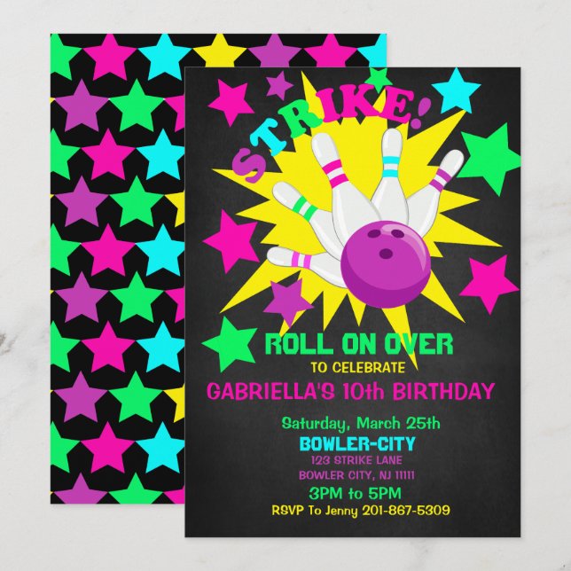 Roll On Over... STRIKE Bowling Birthday Party Invitation (Front/Back)