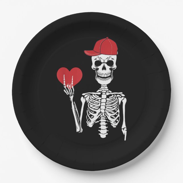 Roll Skeleton Hands Heart Valentines Day Skull Paper Plate (Front)
