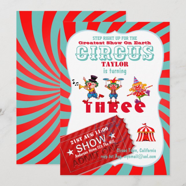 ROLL UP CIRCUS 3rd Birthday Boy Girl Greatest Show Invitation (Front/Back)