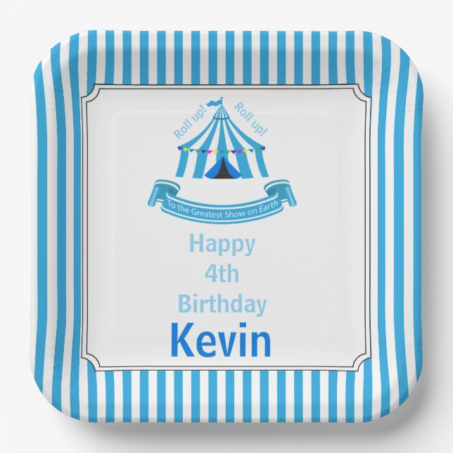Roll up! Roll up! Circus Birthday Party Blue Paper Plate (Front)