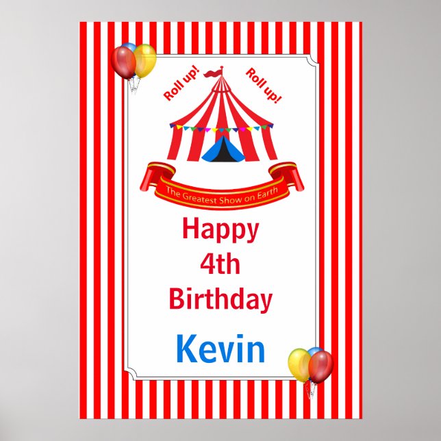 Roll up! Roll up! Circus Birthday Poster in Red (Front)