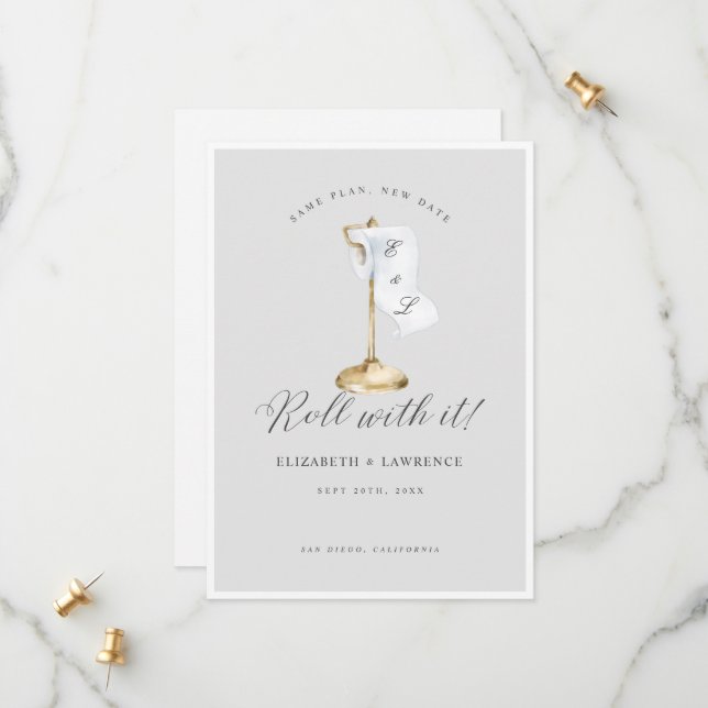 Roll With It Elegant  Toilet Paper Roll & Stand Save The Date (Front/Back In Situ)