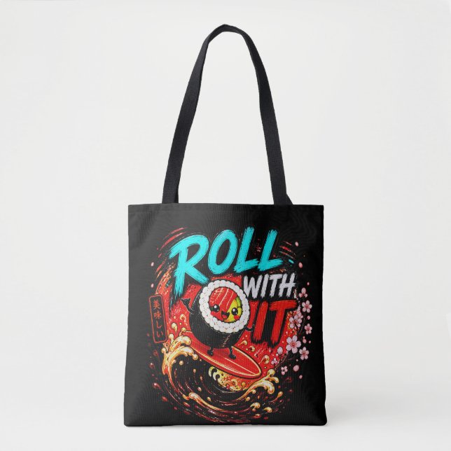 Roll With It – Funny Surfing Sushi Design Tote Bag (Front)