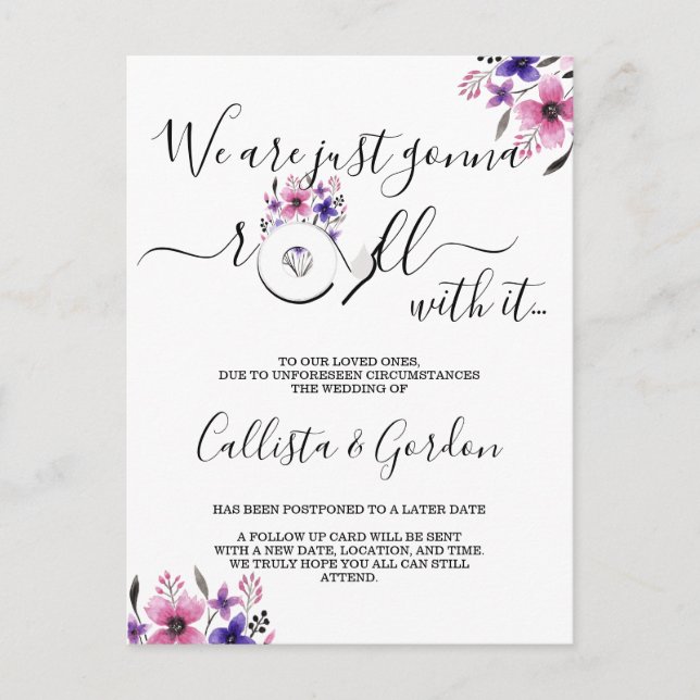 Roll With It Pink Purple Floral Change the Date Announcement Postcard (Front)