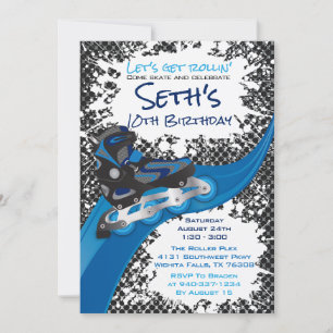Roller Blade Grunge Blue Birthday Party Invitation