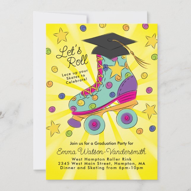 Roller Patinage Graduation Party Invitation Rose (Devant)