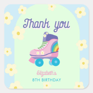 Roller Skate Birthday Thank You Retro Rainbow Kids Square Sticker