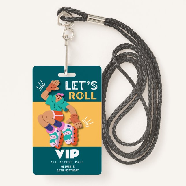 roller skate boy birthday party invitation VIP Badge (Front with Lanyard)