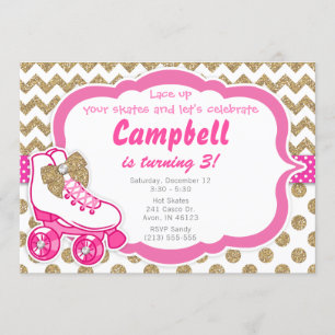 Roller Skate Glitter Gold and Pink Birthday Invite