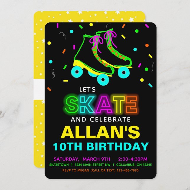 Roller Skate Glow Neon Birthday Party  Invitation (Front/Back)