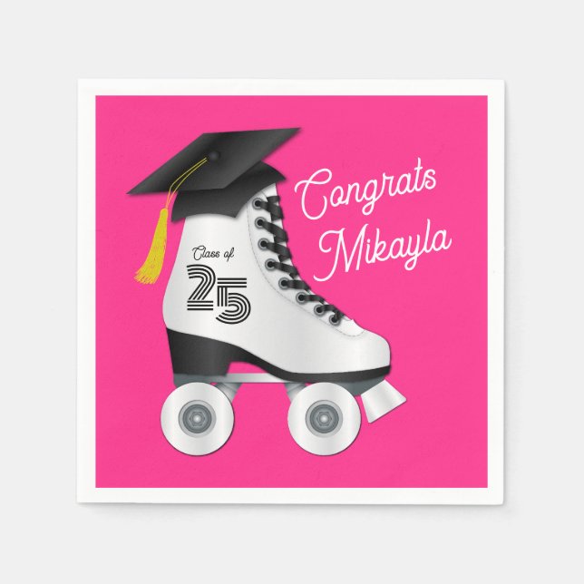 Roller Skate Graduation Party Skating Rink Pink Napkin (Front)