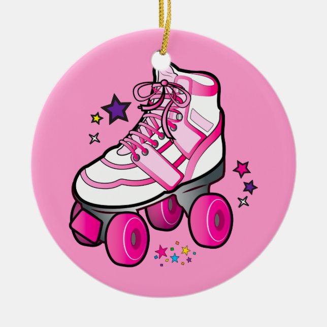 Roller Skate in Pink with Stars Ceramic Ornament (Front)