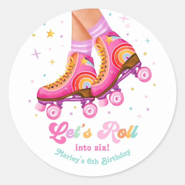Roller Skate Let's Roll Skating Girl Birthday Classic Round Sticker (Front)