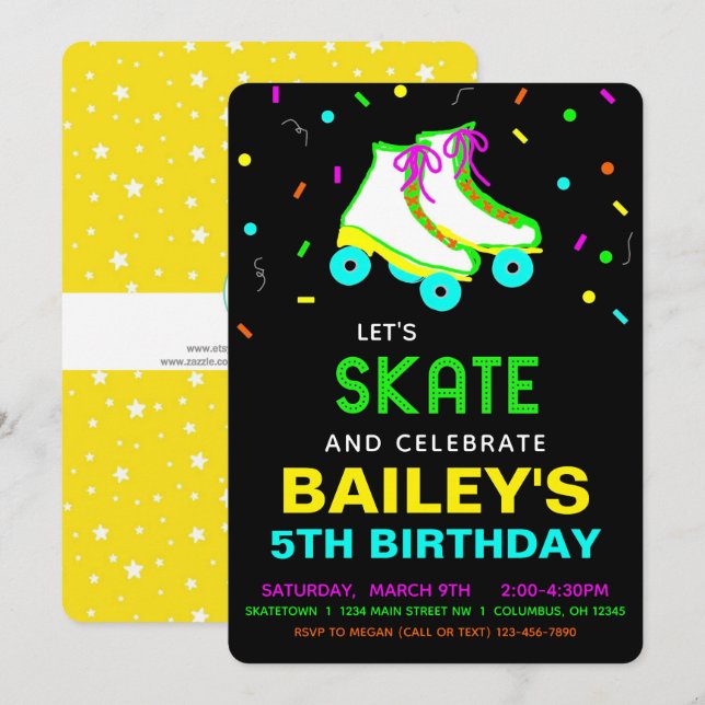 Roller Skate Neon Birthday Party  Invitation (Front/Back)