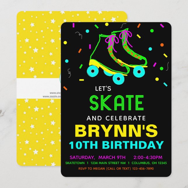 Roller Skate Neon Birthday Party  Invitation (Front/Back)