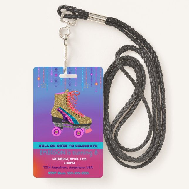 Roller SKate party, VIP Pass ,Invitation, Glitter Badge (Back with Lanyard)