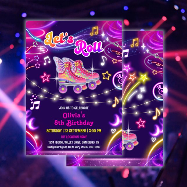 Roller Skate Retro Neon Glow Girl Birthday Party Invitation (Retro Roller Skating Neon Glow Birthday Party Invitation)