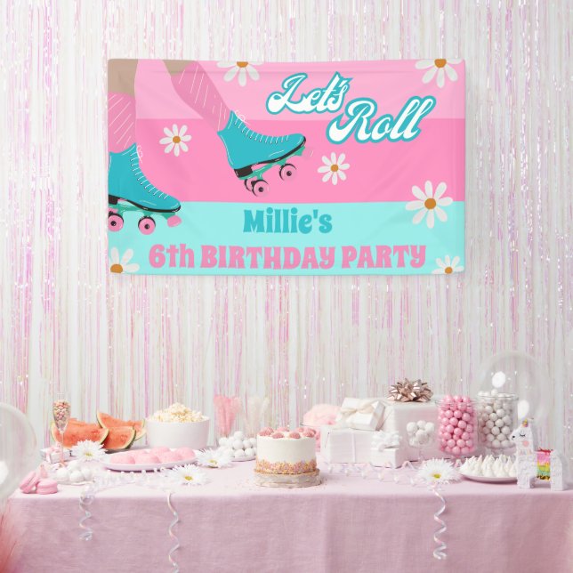 Roller skate Retro Rainbow Birthday Party Banner (Party)